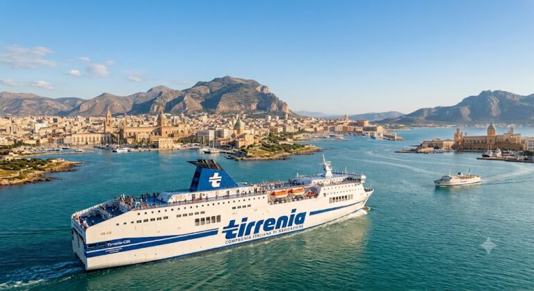 Grande traghetto Tirrenia in navigazione nel Mar Tirreno durante la stagione estiva 2026, immagine generata da AI